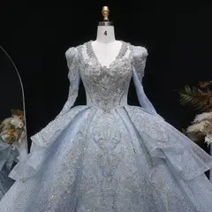 Sequin Embroidery Ball Gown — SW607 Dusty Blue wedding dress, full-length back view