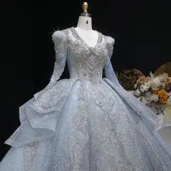 Sequin Embroidery Ball Gown — SW607 Dusty Blue wedding dress, full-length side view