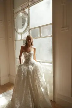 Bohemian Lace Strapless Ball Gown — SW193 Ivory wedding dress, full-length side view