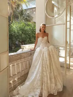 Bohemian Lace Strapless Ball Gown — SW193 Ivory wedding dress, view 5