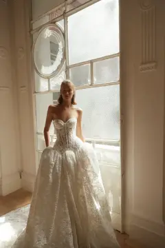 Bohemian Lace Strapless Ball Gown — SW193 Ivory wedding dress, view 6