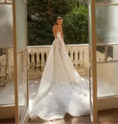 Bohemian Lace Sweetheart Neck High Slit Mermaid — SW183 Ivory wedding dress, full-length side view