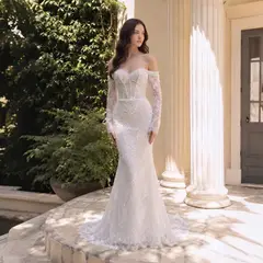 Boho Lace Mermaid Beaded Sequins With Lace Train — SW627 Ivory wedding dress, full-length side view