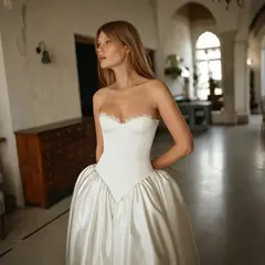 Minimalist Strapless Lace Trim Corset Satin Ball Gown — SW741 Ivory wedding dress, full-length front view