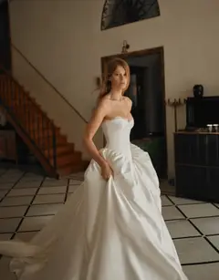 Minimalist Strapless Lace Trim Corset Satin Ball Gown — SW741 Ivory wedding dress, full-length back view