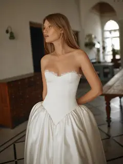 Minimalist Strapless Lace Trim Corset Satin Ball Gown — SW741 Ivory wedding dress, view 3