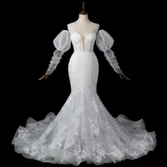 Sweetheart Neckline Mermaid with Detachable Tulle Sleeves — SW712 Ivory wedding dress, full-length side view
