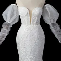 Sweetheart Neckline Mermaid with Detachable Tulle Sleeves — SW712 Ivory wedding dress, view 8