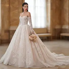 Strapless Corset Lace Tulle Bridal Gown with Long Detachable Sleeves — SW703 Ivory wedding dress, full-length front view