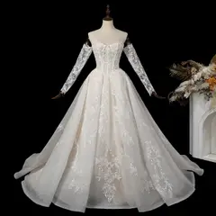 Strapless Corset Lace Tulle Bridal Gown with Long Detachable Sleeves — SW703 Ivory wedding dress, full-length back view