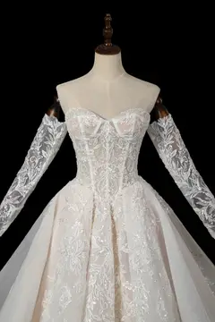 Strapless Corset Lace Tulle Bridal Gown with Long Detachable Sleeves — SW703 Ivory wedding dress, full-length side view