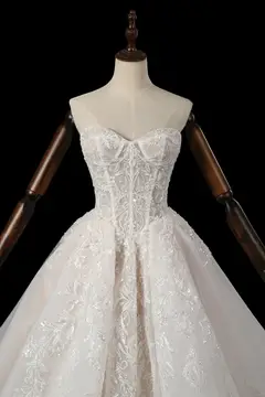 Strapless Corset Lace Tulle Bridal Gown with Long Detachable Sleeves — SW703 Ivory wedding dress, view 5
