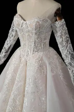 Strapless Corset Lace Tulle Bridal Gown with Long Detachable Sleeves — SW703 Ivory wedding dress, view 6