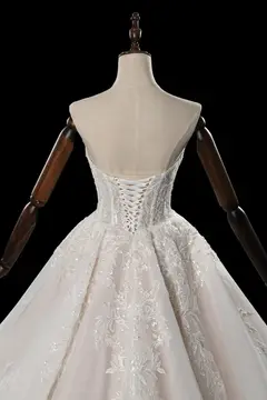 Strapless Corset Lace Tulle Bridal Gown with Long Detachable Sleeves — SW703 Ivory wedding dress, view 8