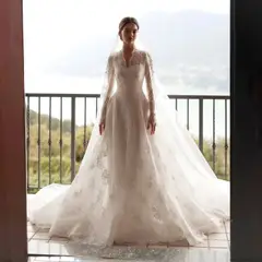 Timeless Lace V-Neck Long Sleeve with Cathedral Veil — SW278 Ivory wedding dress, full-length back view