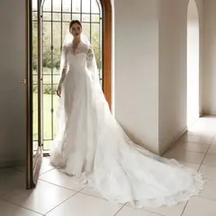 Timeless Lace V-Neck Long Sleeve with Cathedral Veil — SW278 Ivory wedding dress, full-length side view