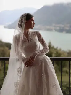 Timeless Lace V-Neck Long Sleeve with Cathedral Veil — SW278 Ivory wedding dress, view 5