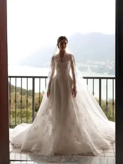 Timeless Lace V-Neck Long Sleeve with Cathedral Veil — SW278 Ivory wedding dress, view 6