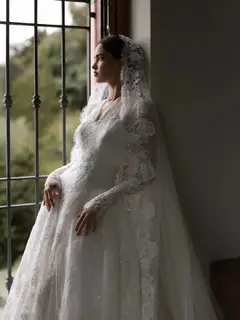 Timeless Lace V-Neck Long Sleeve with Cathedral Veil — SW278 Ivory wedding dress, view 7