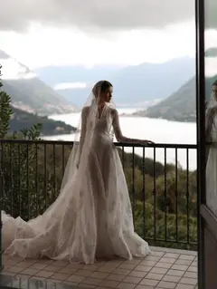 Timeless Lace V-Neck Long Sleeve with Cathedral Veil — SW278 Ivory wedding dress, view 8