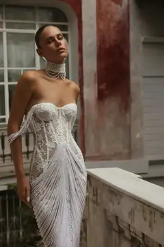Sheer Lace Sweetheart Neck Fringe Mermaid with Choker — SW179 Ivory wedding dress, view 3