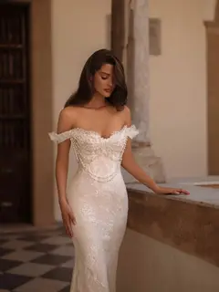 Opulent Off-the-Shoulder Beaded Lace Tulle Ball Gown — SW177 Ivory wedding dress, full-length side view