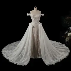 Opulent Off-the-Shoulder Beaded Lace Tulle Ball Gown — SW177 Ivory wedding dress, view 6