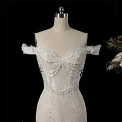 Opulent Off-the-Shoulder Beaded Lace Tulle Ball Gown — SW177 Ivory wedding dress, view 8