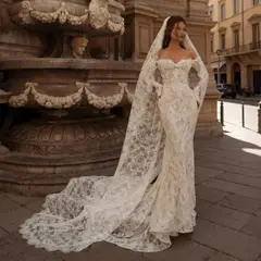 Bohemian Off-the-Shoulder Sheer Lace Mermaid with Veil — SW176 Ivory wedding dress, full-length front view