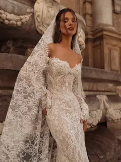 Bohemian Off-the-Shoulder Sheer Lace Mermaid with Veil — SW176 Ivory wedding dress, full-length back view