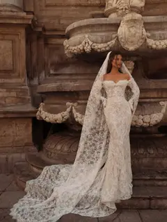 Bohemian Off-the-Shoulder Sheer Lace Mermaid with Veil — SW176 Ivory wedding dress, full-length side view