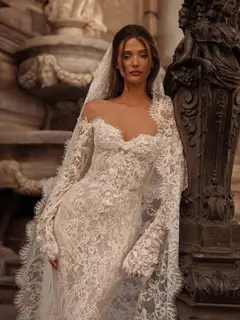 Bohemian Off-the-Shoulder Sheer Lace Mermaid with Veil — SW176 Ivory wedding dress, view 4