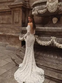 Bohemian Off-the-Shoulder Sheer Lace Mermaid with Veil — SW176 Ivory wedding dress, view 5