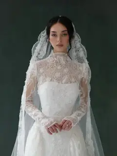 Classic Lace High Neck Long Sleeve A-Line with Veil — SW275 Ivory wedding dress, full-length back view