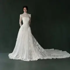 Classic Lace High Neck Long Sleeve A-Line with Veil — SW275 Ivory wedding dress, full-length side view