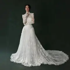Classic Lace High Neck Long Sleeve A-Line with Veil — SW275 Ivory wedding dress, view 4