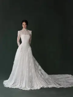 Classic Lace High Neck Long Sleeve A-Line with Veil — SW275 Ivory wedding dress, view 5