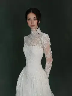 Classic Lace High Neck Long Sleeve A-Line with Veil — SW275 Ivory wedding dress, view 6