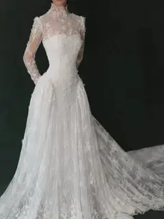 Classic Lace High Neck Long Sleeve A-Line with Veil — SW275 Ivory wedding dress, close-up detail