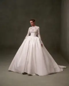 Classic Long Sleeve Lace Ball Gown — SW075 Ivory wedding dress, full-length back view