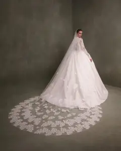 Classic Long Sleeve Lace Ball Gown — SW075 Ivory wedding dress, full-length side view