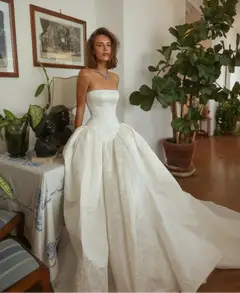 Classic Satin Strapless Ball Gown with Train — SW182 Ivory wedding dress, view 3