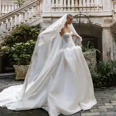 Classic Satin Strapless Ball Gown with Veil — SW191 Ivory wedding dress, full-length front view