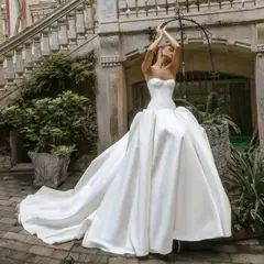 Classic Satin Strapless Ball Gown with Veil — SW191 Ivory wedding dress, full-length back view