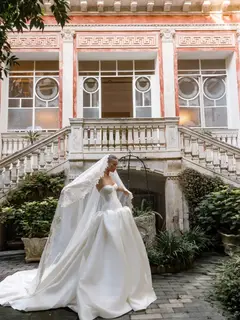 Classic Satin Strapless Ball Gown with Veil — SW191 Ivory wedding dress, full-length side view
