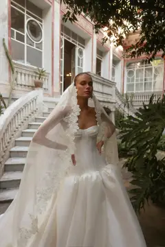 Classic Satin Strapless Ball Gown with Veil — SW191 Ivory wedding dress, view 4