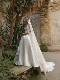 Classic Satin Strapless Ball Gown with Veil — SW191 Ivory wedding dress, view 5