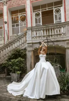 Classic Satin Strapless Ball Gown with Veil — SW191 Ivory wedding dress, view 6