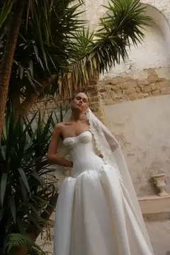 Classic Satin Strapless Ball Gown with Veil — SW191 Ivory wedding dress, view 7