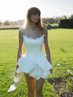 Delicate Lace Trim Sweetheart Flared Ruffle — SW726 Ivory wedding dress, full-length back view